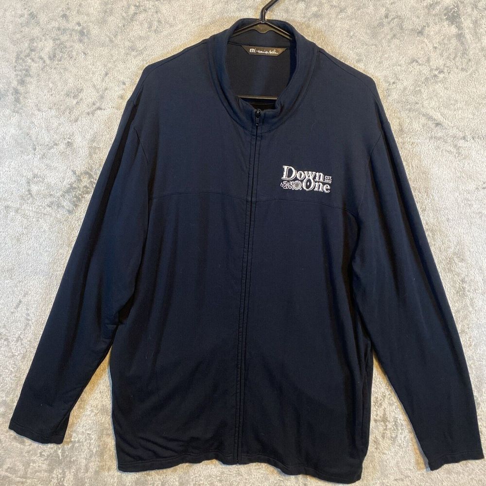 Travis Mathew Jacket Men XL Black Long Sleeve Full Zip Down One Bourbon Bar Logo